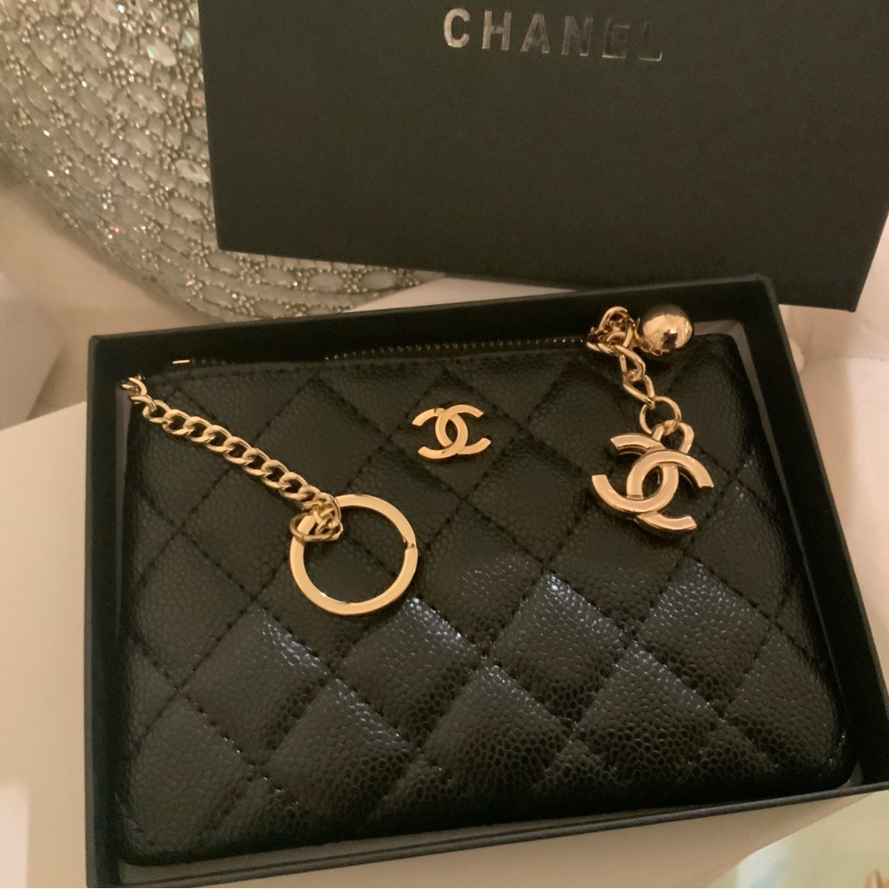 CHANEL Black Quilted Leather Zip Pouch with Gold CC Charm